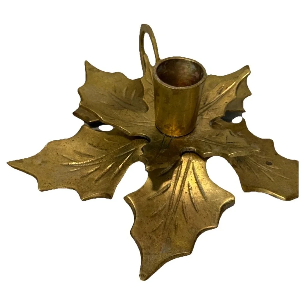 Vintage Solid Brass Holly Leaf Candlestick Holder Ring Handle Christmas‎ MCM